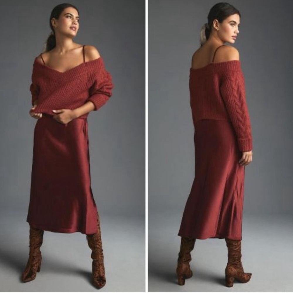 Anthropologie Burgundy Knit Off-Shoulder Sweater & Satin Maxi Dress Set